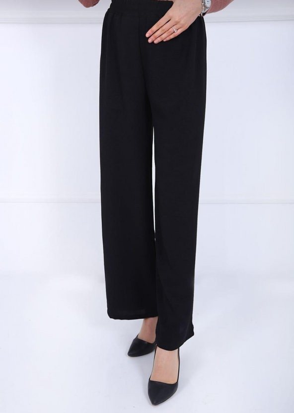 Fresh&Moda Kadın Siyah Beli Lastikli Ayrobin Kumaş Bol Paça Büyük Beden Pantolon