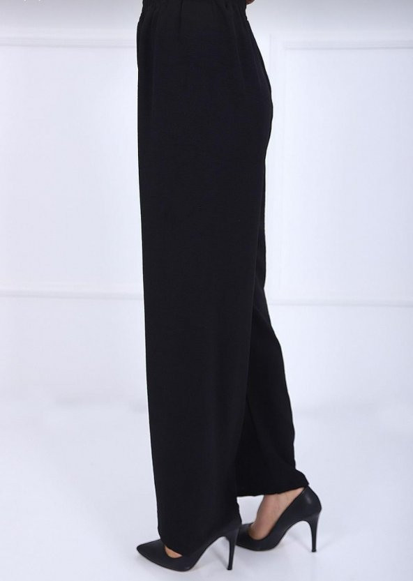 Fresh&Moda Kadın Siyah Beli Lastikli Ayrobin Kumaş Bol Paça Büyük Beden Pantolon - 2