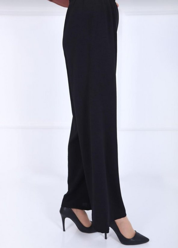 Fresh&Moda Kadın Siyah Beli Lastikli Ayrobin Kumaş Bol Paça Büyük Beden Pantolon - 3