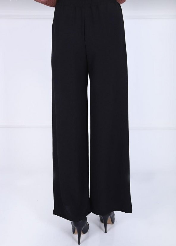Fresh&Moda Kadın Siyah Beli Lastikli Ayrobin Kumaş Bol Paça Büyük Beden Pantolon - 4