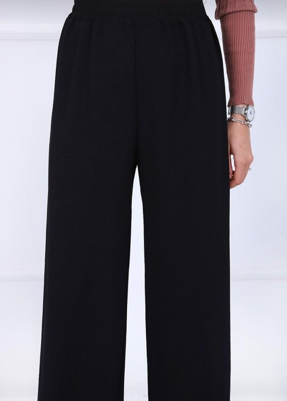 Fresh&Moda Kadın Siyah Beli Lastikli Ayrobin Kumaş Bol Paça Büyük Beden Pantolon - 5