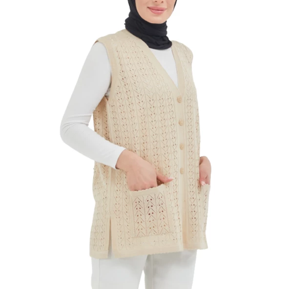 Düğmeli Krem Merserize Yelek - 4