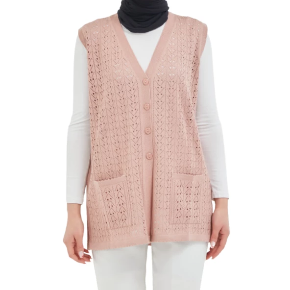 Düğmeli Pudra Merserize Yelek - 4