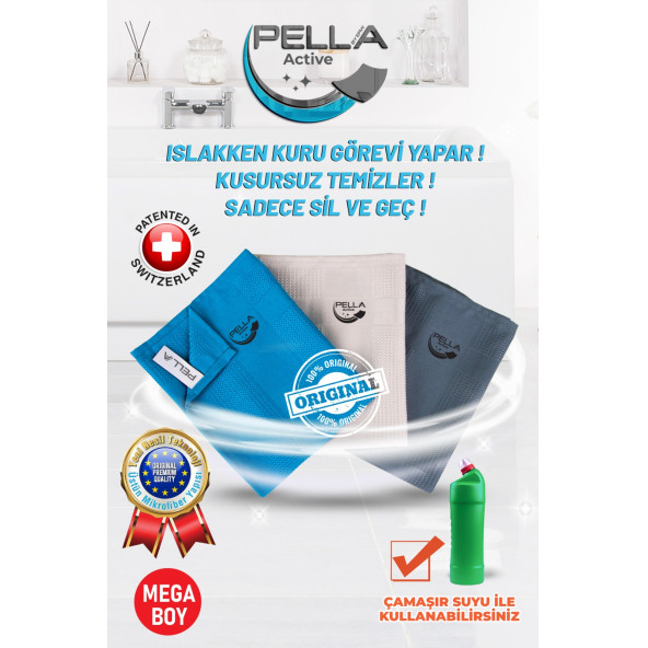 Pella Active 3'lü Mikrofiber Temizlik Bezi, Cam, Araba, Mutfak, Fiber Temizleme Bezi (40 X 60 Cm)