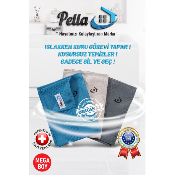 Pella Classic 3'lü Mikrofiber Temizlik Bezi, Cam, Araba, Mutfak, Fiber Temizleme Bezi (40 X 60 Cm)