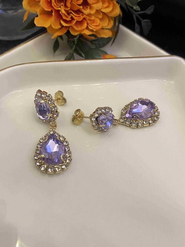 Aksesuar Çarşısı Zirkon Taşlı Mor Badem Küpe - Resim 2