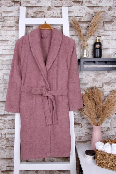 %100 Pamuk Gül Kurusu Kadın Şalyaka Bornoz - Resim 2