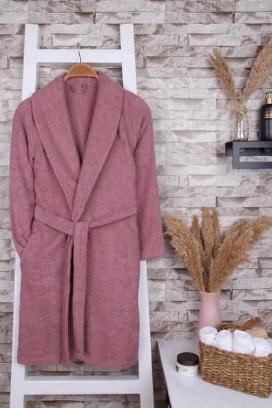 %100 Pamuk Gül Kurusu Kadın Şalyaka Bornoz - Resim 5