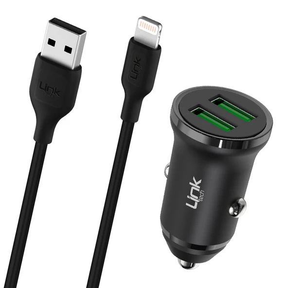 LinkTech C482e 12W 2x USB + Lightning USB Kablo Araç İçi Şarj Aleti Set Siyah