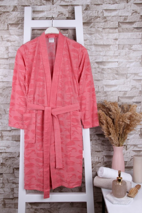 Kadın Desenli Somon Renk Kimono Sabahlık
