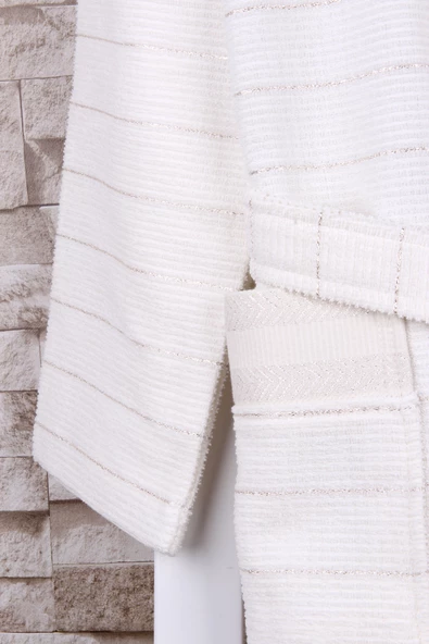 %100 Pamuk  Krem Sim Detaylı Kimono Sabahlık - Resim 3