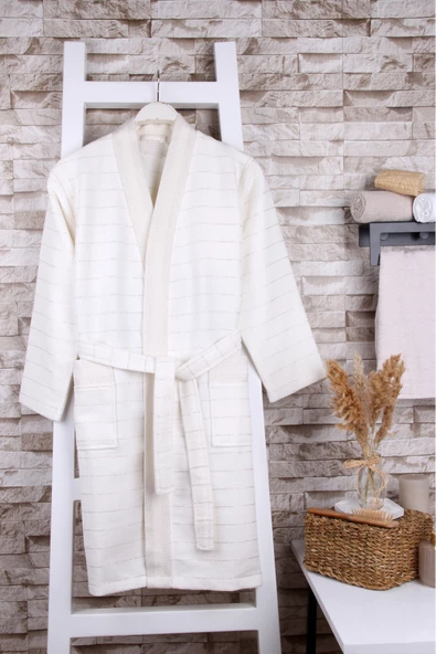 %100 Pamuk  Krem Sim Detaylı Kimono Sabahlık ürün görseli 1