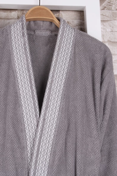 %100 Pamuk Jakarlı Gri Kimono Bornoz - Resim 2
