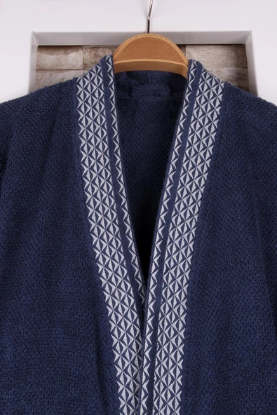 %100 Pamuk Jakarlı Gri Kimono Bornoz - Resim 9