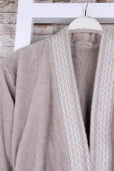 %100 Pamuk Jakarlı Gri Kimono Bornoz - Resim 6