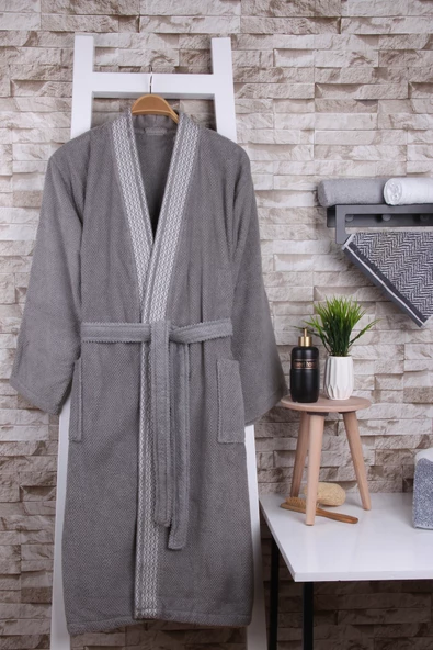 %100 Pamuk Jakarlı Gri Kimono Bornoz ürün görseli 1