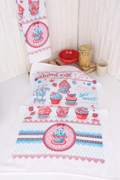 %100 Pamuk 2'li 50x70 Baskılı Mutfak Kurulama Havlu&Peçete - Resim 7