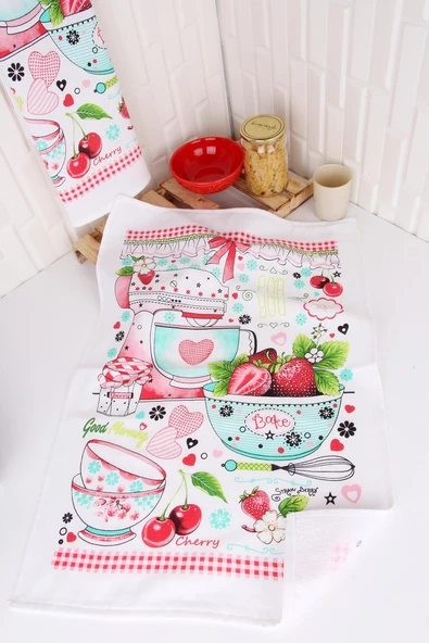 %100 Pamuk 2'li 50x70 Baskılı Mutfak Kurulama Havlu&Peçete - Resim 3