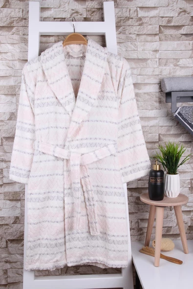 %100 Pamuk Jakarlı Krem Şalyaka Bornoz - Resim 4