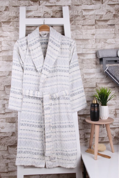 %100 Pamuk Jakarlı Krem Şalyaka Bornoz ürün görseli 1