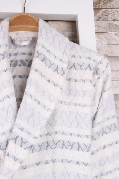 %100 Pamuk Jakarlı Krem Şalyaka Bornoz - Resim 2