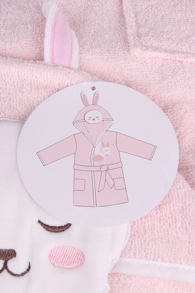 %100 Pamuklu Pudra Pembesi Tavşan Desenli Çocuk Bornozu - Resim 3
