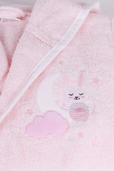 %100 Pamuklu Pudra Pembesi Tavşan Desenli Çocuk Bornozu - Resim 4