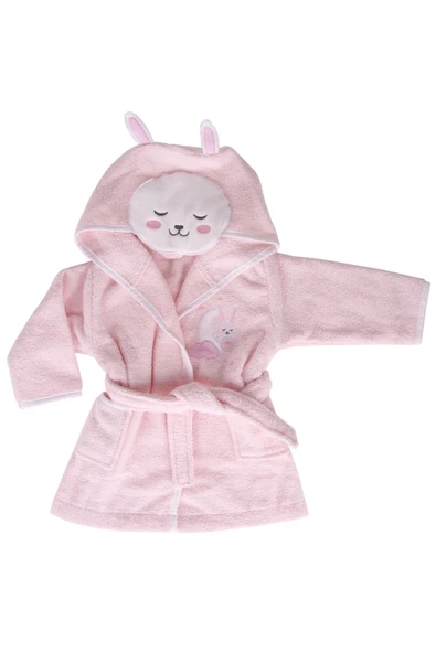 %100 Pamuklu Pudra Pembesi Tavşan Desenli Çocuk Bornozu ürün görseli 1