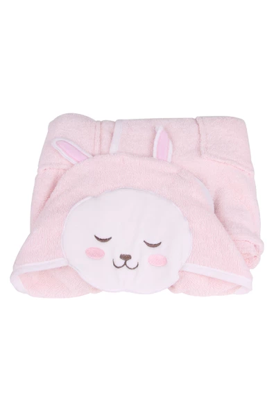 %100 Pamuklu Pudra Pembesi Tavşan Desenli Çocuk Bornozu - Resim 2