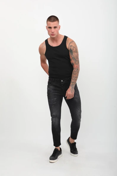 Erkek Skinny Fit Yırtık Detaylı Jean Siyah - 8