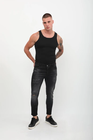 Erkek Skinny Fit Yırtık Detaylı Jean Siyah