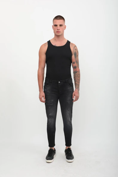 Erkek Skinny Fit Yırtık Detaylı Jean Siyah - 5