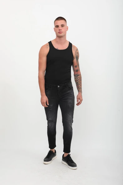 Erkek Skinny Fit Yırtık Detaylı Jean Siyah - 3