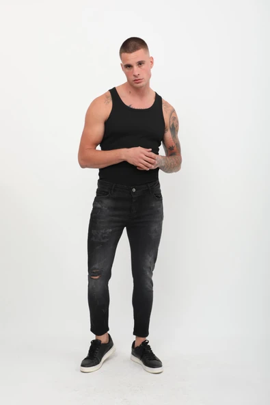 Erkek Skinny Fit Yırtık Detaylı Jean Siyah - 4