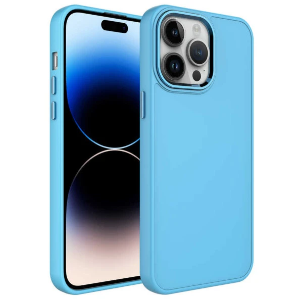 Apple iPhone 14 Pro Max Kılıf Metal Çerçeve ve Buton Tasarımlı Silikon Zore Luna Kapak  Sierra Mavi