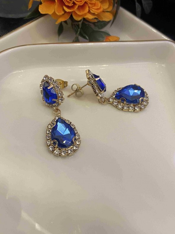 Aksesuar Çarşısı Zirkon Taşlı Mavi Badem Küpe - Resim 2