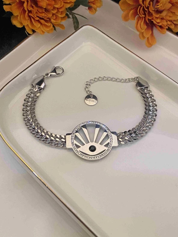 Aksesuar Çarşısı Zirkon Taşlı Göz Detaylı Çelik Silver Bileklik ürün görseli