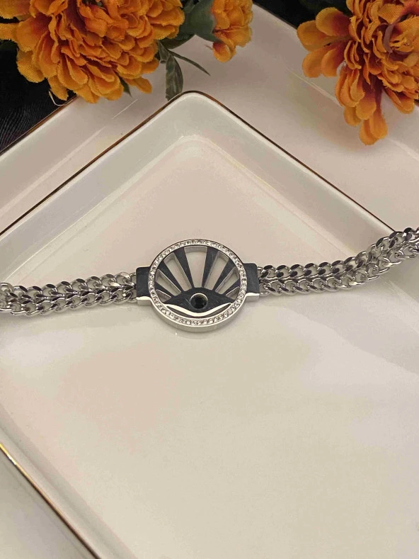 Aksesuar Çarşısı Zirkon Taşlı Göz Detaylı Çelik Silver Bileklik - Resim 2