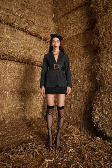 Kadın Uzun Kollu Tek Düğmeli Jean Ceket Antrasit - 2