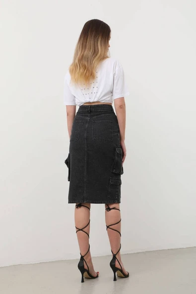 Kargo Cepli Önden Yırtmaçlı Jean Etek Siyah - 7