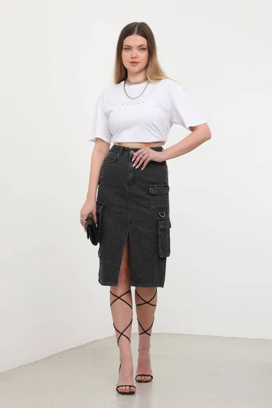 Kargo Cepli Önden Yırtmaçlı Jean Etek Siyah