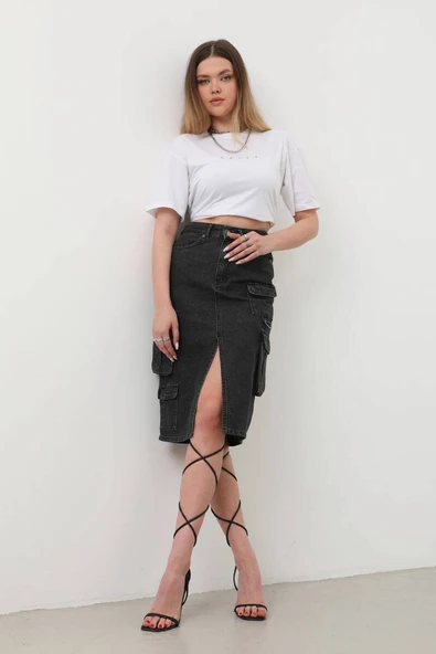 Kargo Cepli Önden Yırtmaçlı Jean Etek Siyah - 3