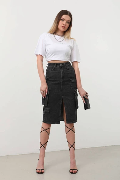 Kargo Cepli Önden Yırtmaçlı Jean Etek Siyah - 5