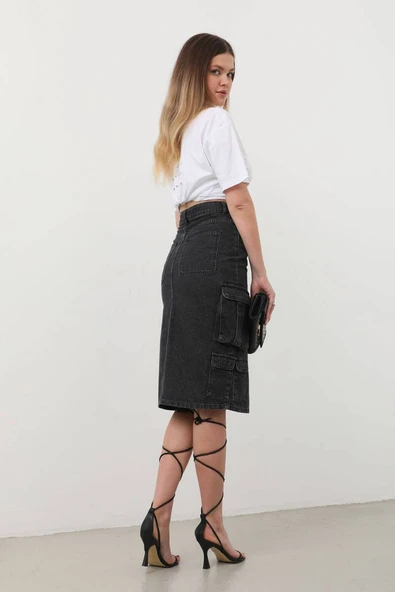 Kargo Cepli Önden Yırtmaçlı Jean Etek Siyah - 6