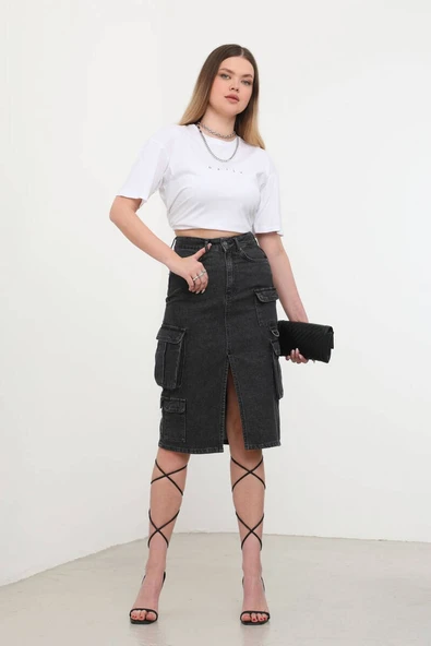 Kargo Cepli Önden Yırtmaçlı Jean Etek Siyah - 4