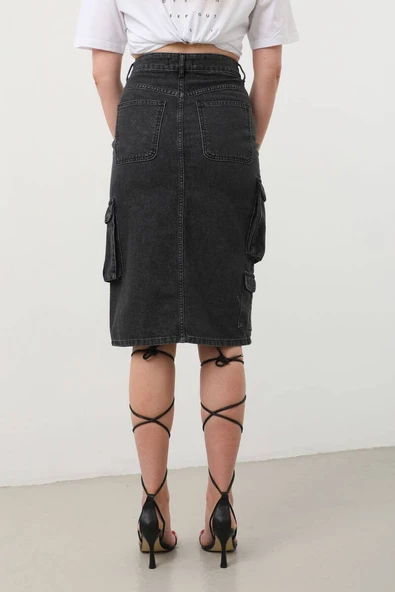 Kargo Cepli Önden Yırtmaçlı Jean Etek Siyah - 9