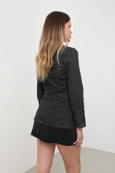 Kadın Uzun Kollu Tek Düğmeli Jean Ceket Antrasit - 7