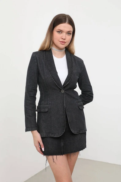 Kadın Uzun Kollu Tek Düğmeli Jean Ceket Antrasit - 6