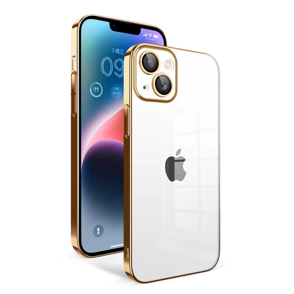 Apple iPhone 14 Plus Kılıf Kamera Korumalı Renkli Çerçeveli Zore Garaj Kapak  Gold