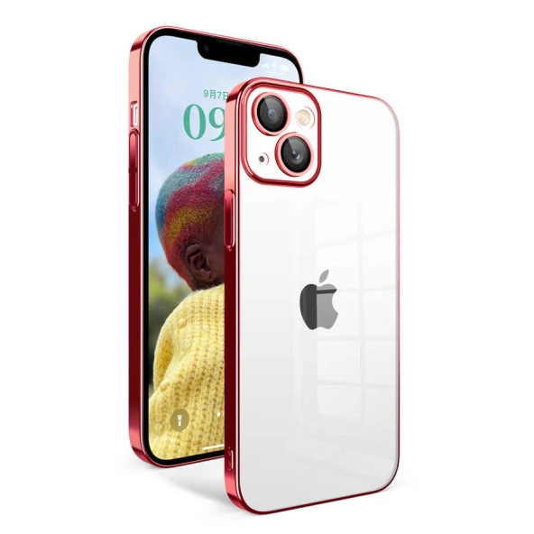 Apple iPhone 14 Kılıf Kamera Korumalı Renkli Çerçeveli Zore Garaj Kapak  Kırmızı